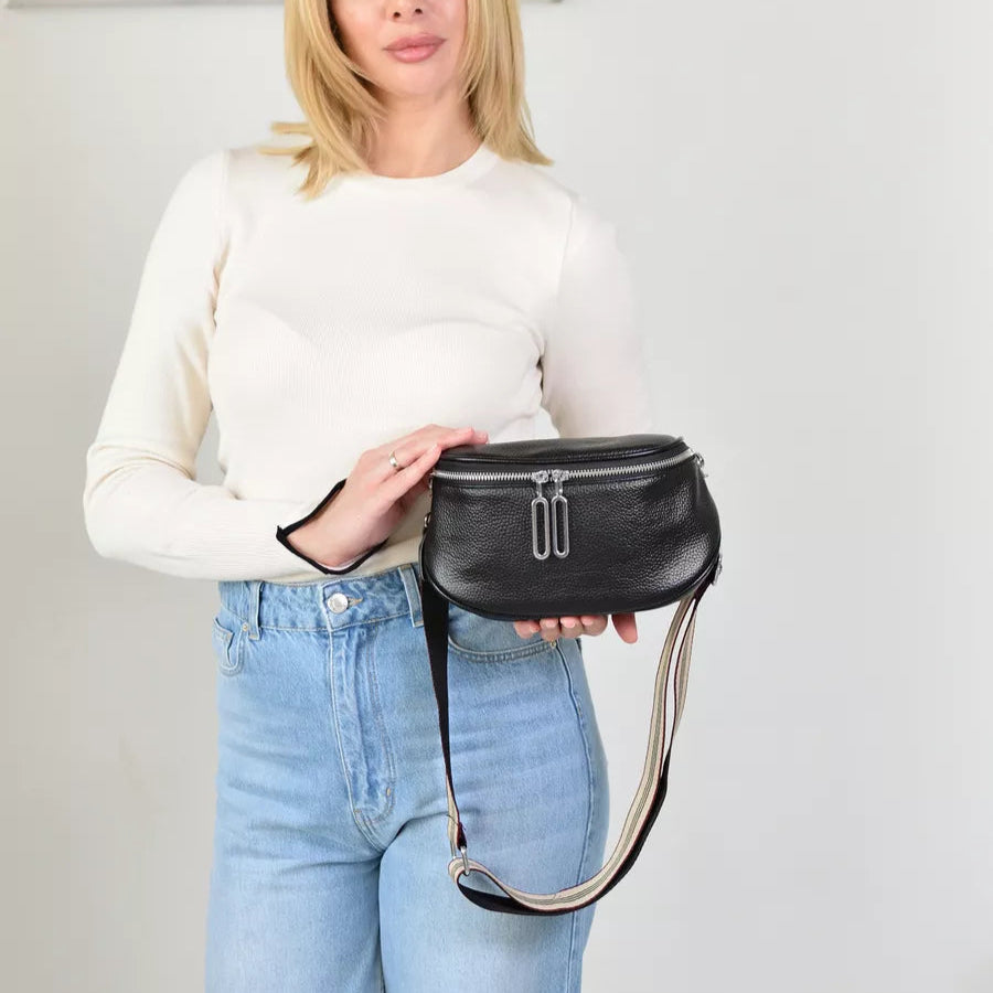 grand sac banane cuir végétal, bandoulière motif - Alice