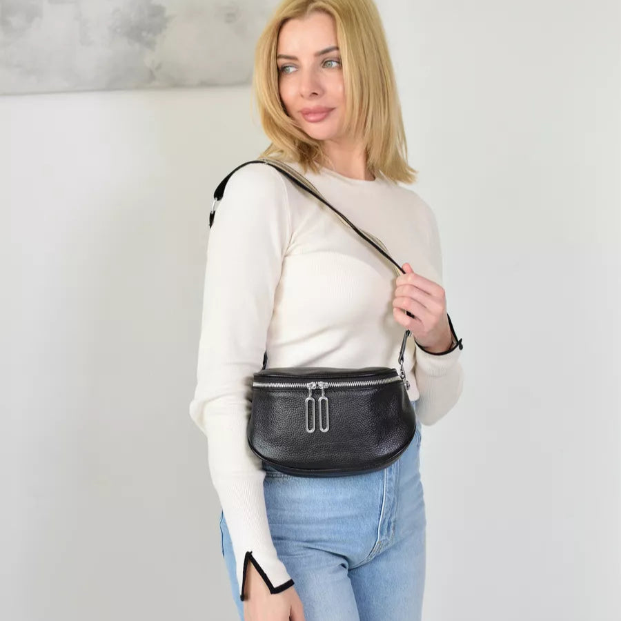 grand sac banane cuir végétal, bandoulière motif - Alice