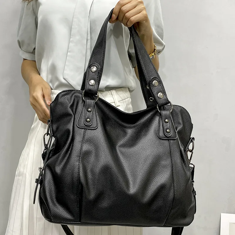 grand sac à main, cuir souple, bandoulière amovible - Lunelle