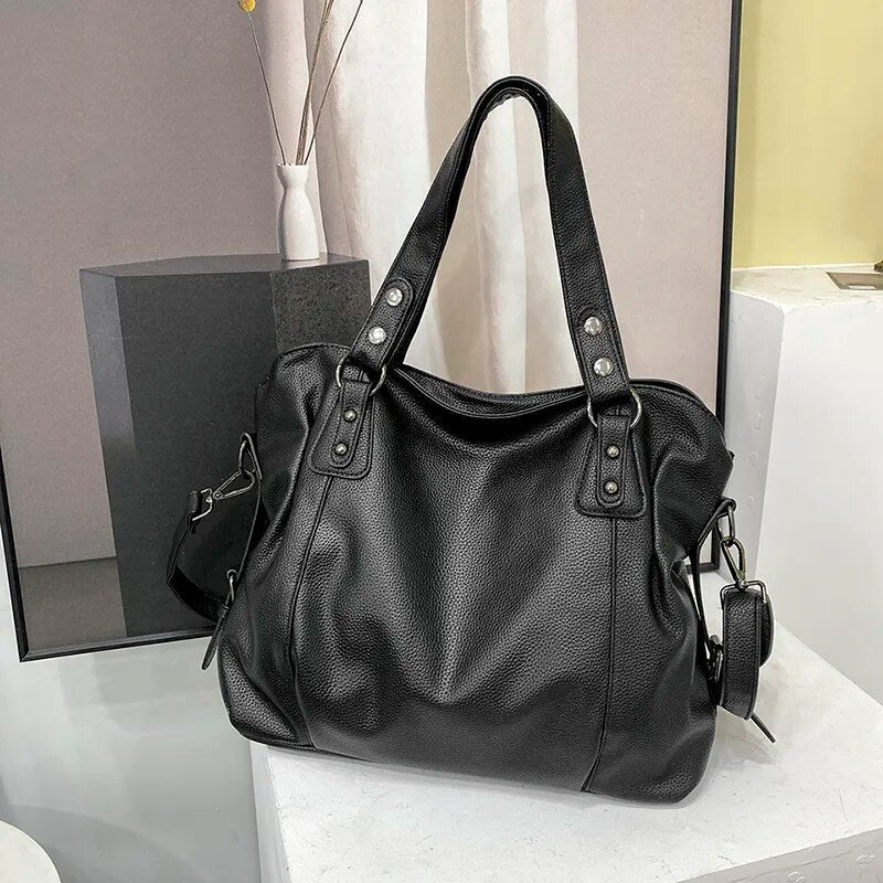 grand sac à main, cuir souple, bandoulière amovible - Lunelle